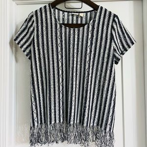Chicos Blue and White Striped top with fringe Size 3/US Size 16/18